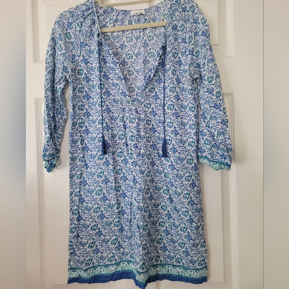 Soft Joie Womens Boho Shift Cotton Dress Tassel Tie 3/4 Sleeves Size XS